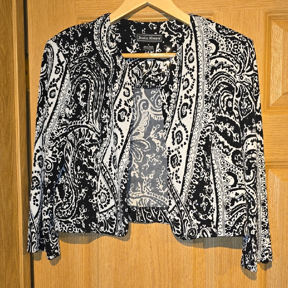 Jessica Howard Black & White Paisley Open Cardigan Jacket